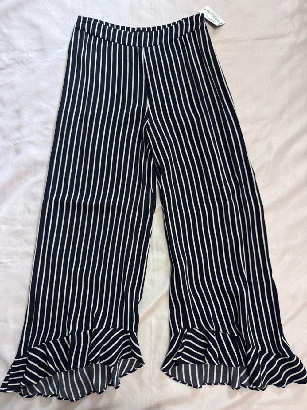 NWT South Moon Under Navy & White Striped Ruffle Hem Wide Leg Ankle Pants